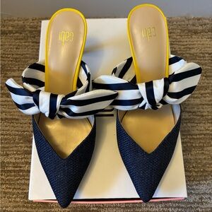 CAbi Blue and Yellow Mules with Striped Bow Sz 7